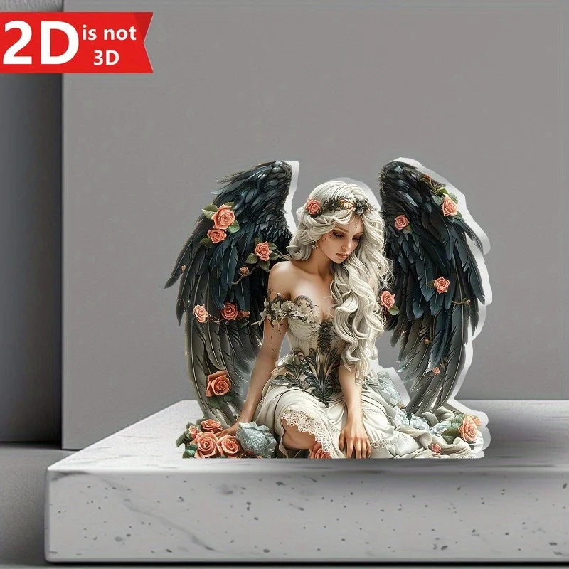1 piece of 2D elegant angel with big black wings and roses, desktop decor, perfect for home, office desk or cafe, unique gift