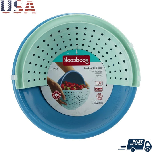 2-in-1 Soak Strain Colander Bowl Kitchen Tool Quick Drain Non-Slip Base Compact Storage Food Prep Utility