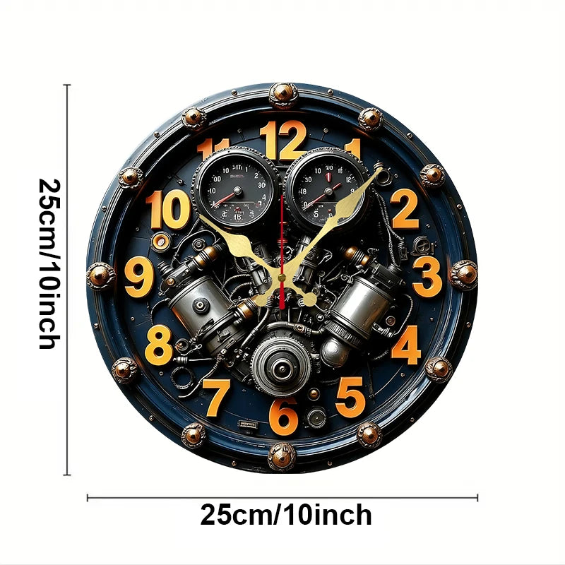 2D Flat Exquisite Engine Wooden Round Silent Hanging Wall Clock, For Living Room, Office, Study Room, Bedroom, Home Decoration.