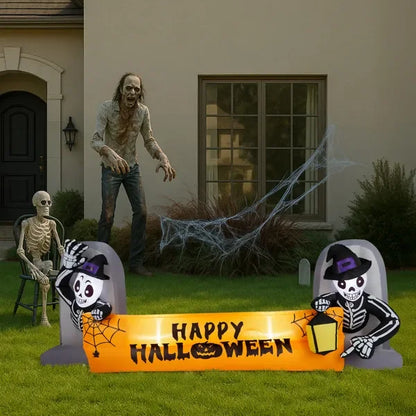 9.6T Halloween Inflatable Skeleton Tombstone Banner, Outdoor Yard Decor with Built-in LEDs