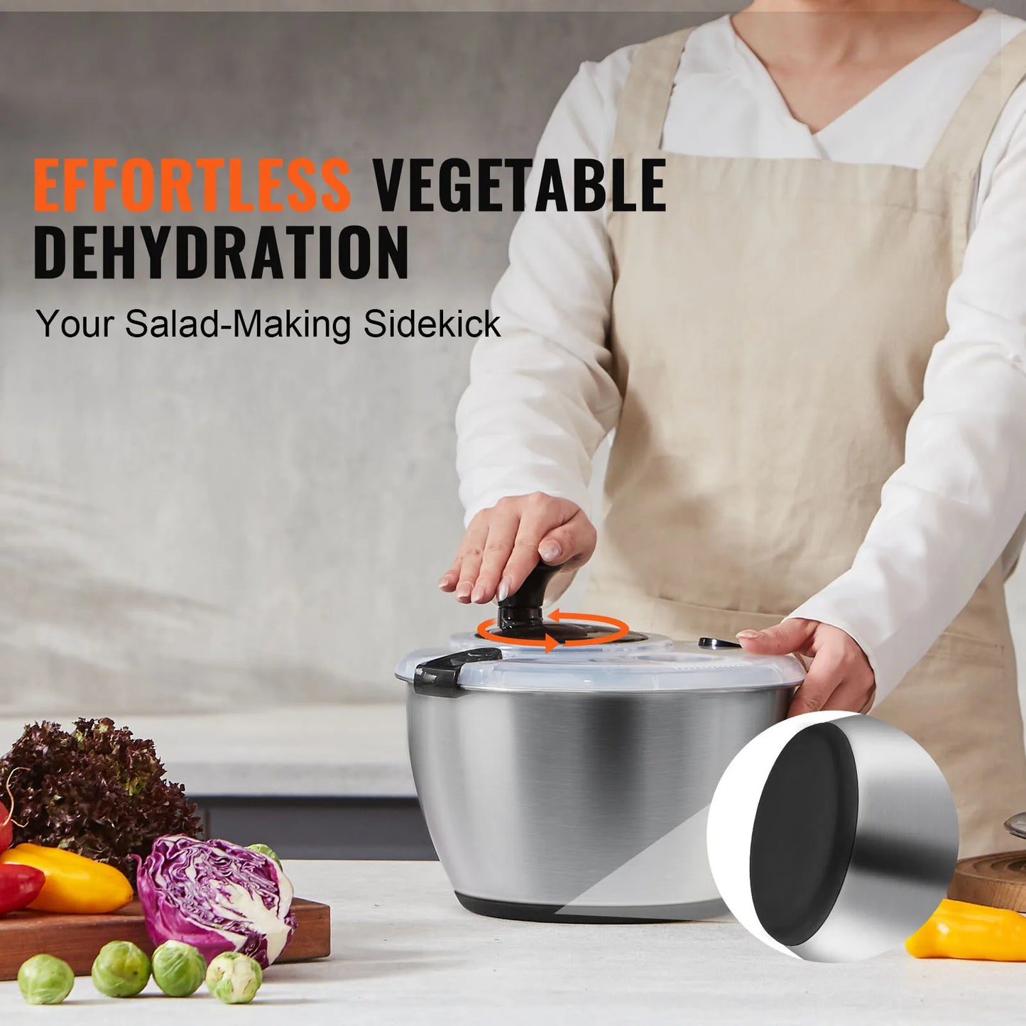 SucceBuy Stainless Steel Salad Spinner 4.75Qt One-handed Easy Press Large Vegetable Dryer Washer Lettuce Cleaner and Dryer