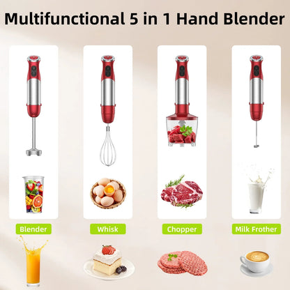 Handheld Kitchen Blender: 5-in-1 1000 Watt Multi-Purpose Hand Blender, 12-Speed Stick Blender for Food, Soups, Purees and Cakes