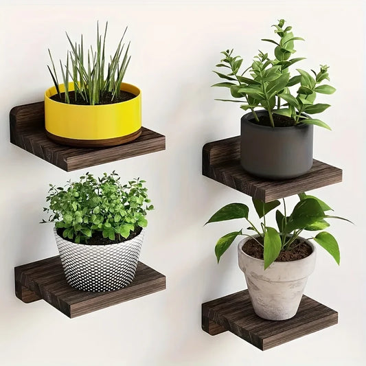 4pcs wooden wall mounted flower racks with simple design, wall storage rack, living room, bathroom, bedroom decoration rack