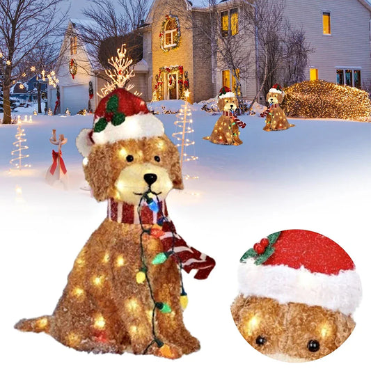 Mimic Dog Shape Sign Waterproof Light Up Puppy Figurine Wearing Xmas Hat Acrylic for Home Garden Front Pathway Walkway