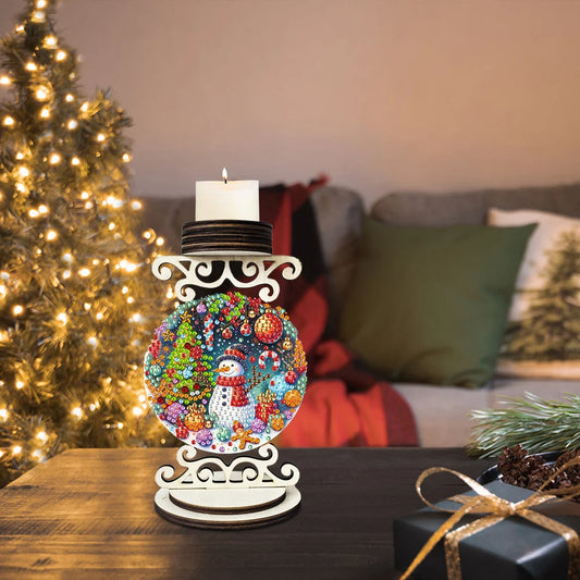 Wooden Special Shaped Xmas Theme Mosaic Rhinestone Drawing Candlestick Decor Desktop Diamond Art Candle Holder for Party Decor
