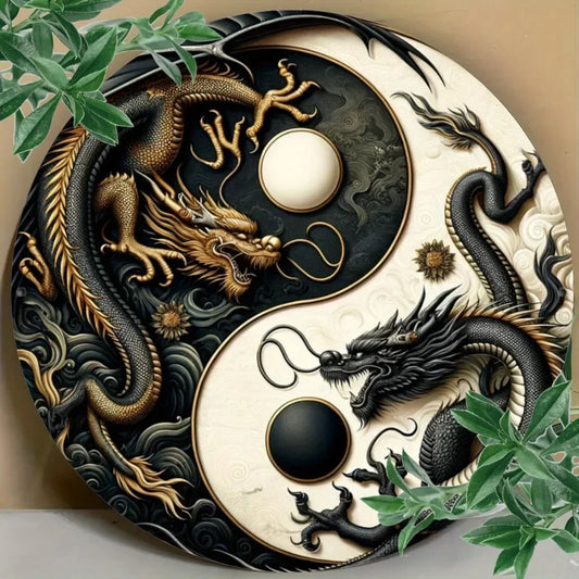 "Yin-Yang Chinese Dragon" Metal Sign – Black & White Oriental Home Decor