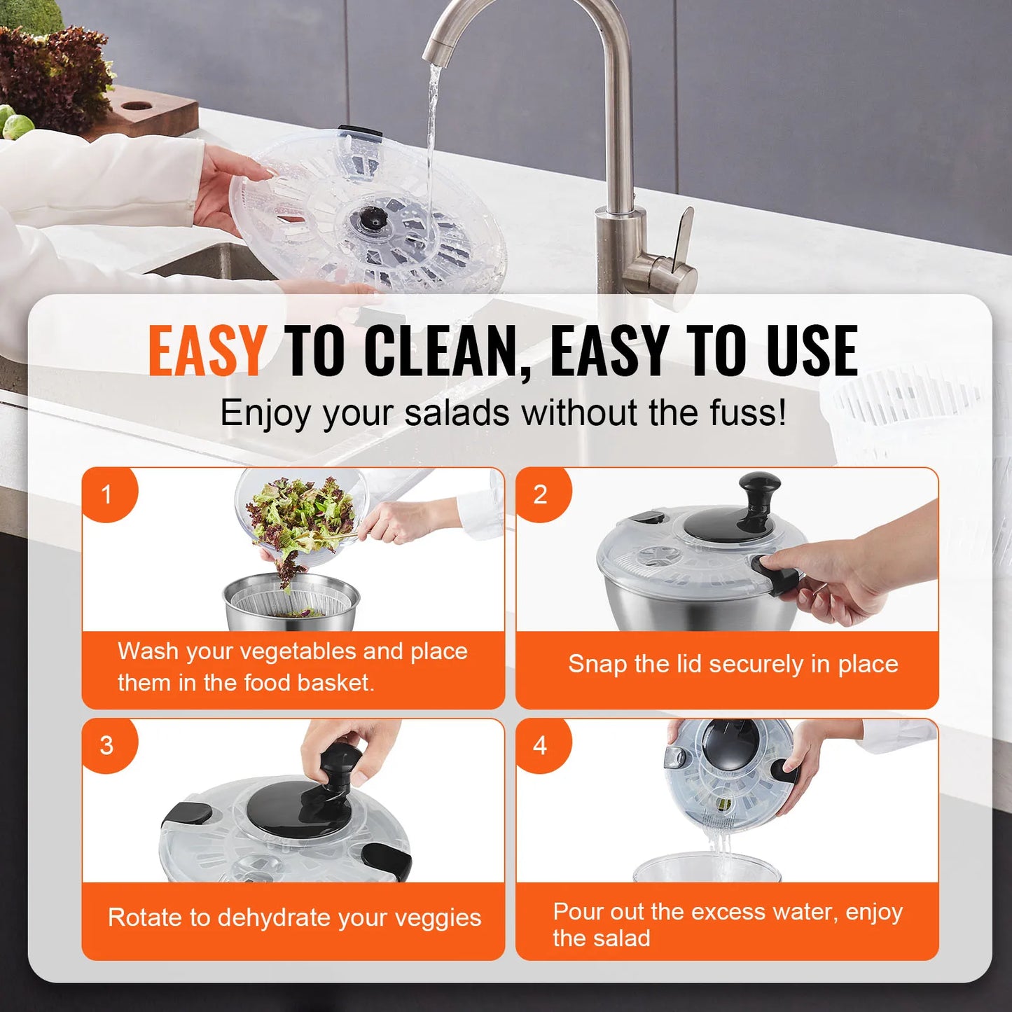 SucceBuy Stainless Steel Salad Spinner 4.75Qt One-handed Easy Press Large Vegetable Dryer Washer Lettuce Cleaner and Dryer