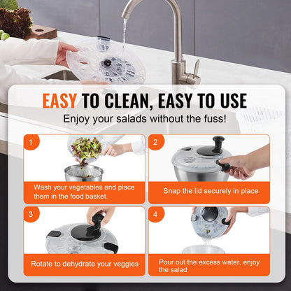 SucceBuy Stainless Steel Salad Spinner 4.75Qt One-handed Easy Press Large Vegetable Dryer Washer Lettuce Cleaner and Dryer