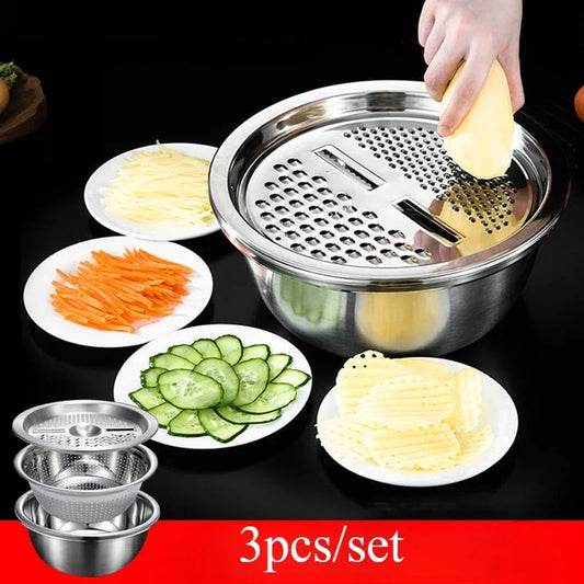 3 in 1 Stainless Steel Vegetable Strainer Slicer Cutter Graters Drain Basket Vegetable Salad Maker Bowl Kitchen Accessories Tool