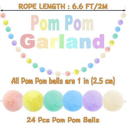 3pk Pastel Pom Pom Garland Easter Decorations Spring Home Decor Indoor Living Room Wall Classroom Xmas Tree Cute Hanging Rainbo