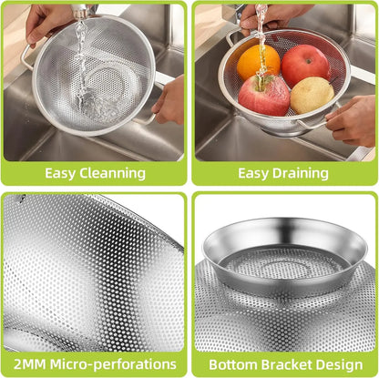 3Qt Metal Colander with Handle, Stainless Steel Strainer for Kitchen, Mesh Strainer for Washing Pasta, Spaghetti, Berry, Fruit,