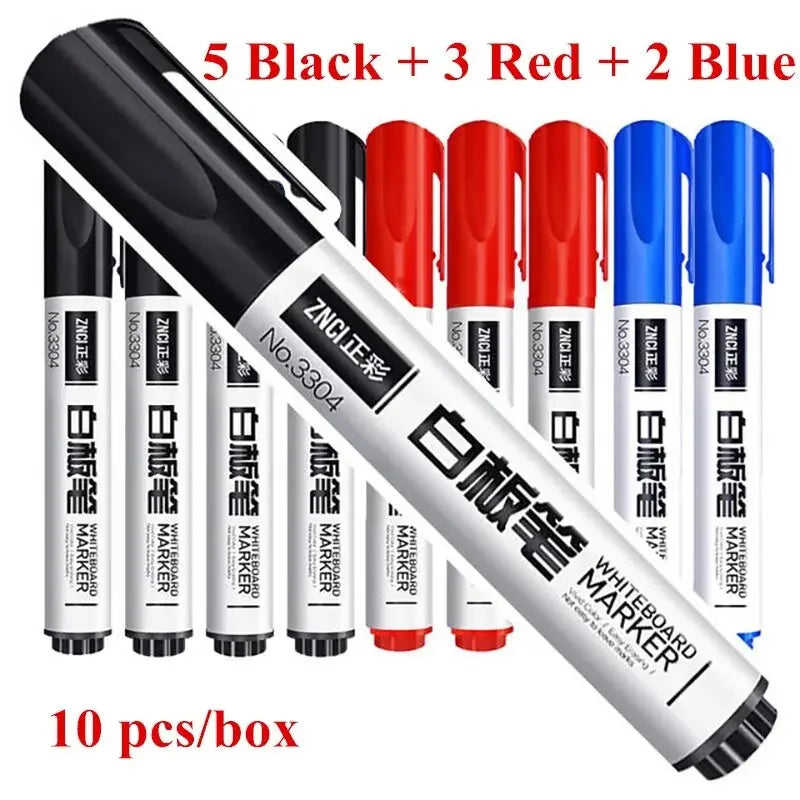 10 Pens/Box Whiteboard Marker Pen Easy to Wipe Quick Drying Water-based Marker Writing Board Erasable