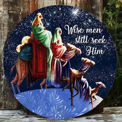 1PC Round Nativity Scene Metal Wall Art -2D "Wise Men Still Seek Him"Vintage Religious Sign|Retro Holiday Plaque for Home,Church