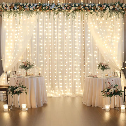 20ftx10ft Ivory Tulle Backdrop Curtain with Lights, 4 Panels 5x10ft Sheer Wrinkle Free Backdrop Drapes for Baby Shower Birthday