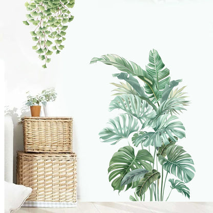 Tropical Monstera Deliciosa Leaf Wall Stickers Set of 2 Exotic Plant Decals for Living Room Bedroom Office Decor