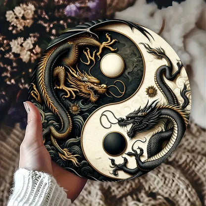 "Yin-Yang Chinese Dragon" Metal Sign – Black & White Oriental Home Decor