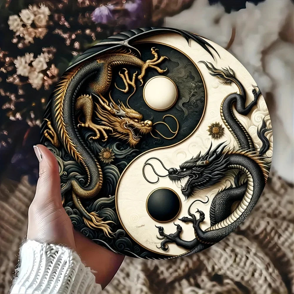 "Yin-Yang Chinese Dragon" Metal Sign – Black & White Oriental Home Decor