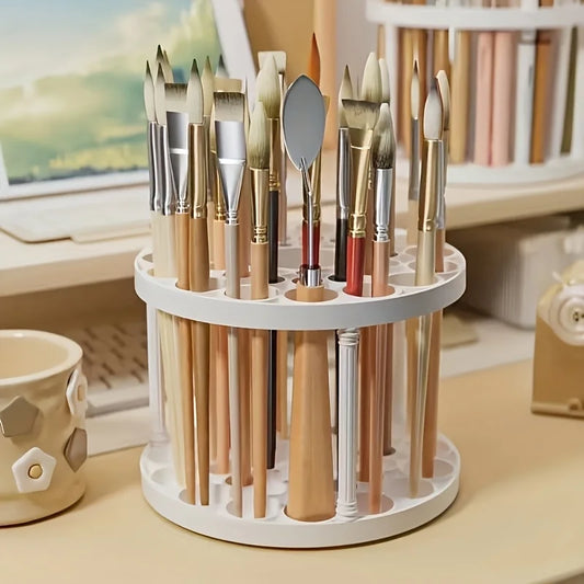 360° Rotating Brush Holder - White Plastic Organizer, Space-Saving Design for Art Brushes, Pens, Makeup Tools