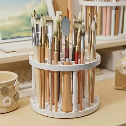 360° Rotating Brush Holder - White Plastic Organizer, Space-Saving Design for Art Brushes, Pens, Makeup Tools