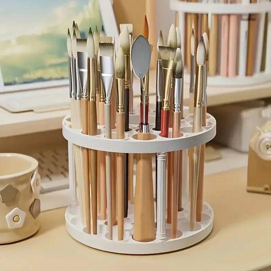360° Rotating Brush Holder - White Plastic Organizer, Space-Saving Design for Art Brushes, Pens, Makeup Tools