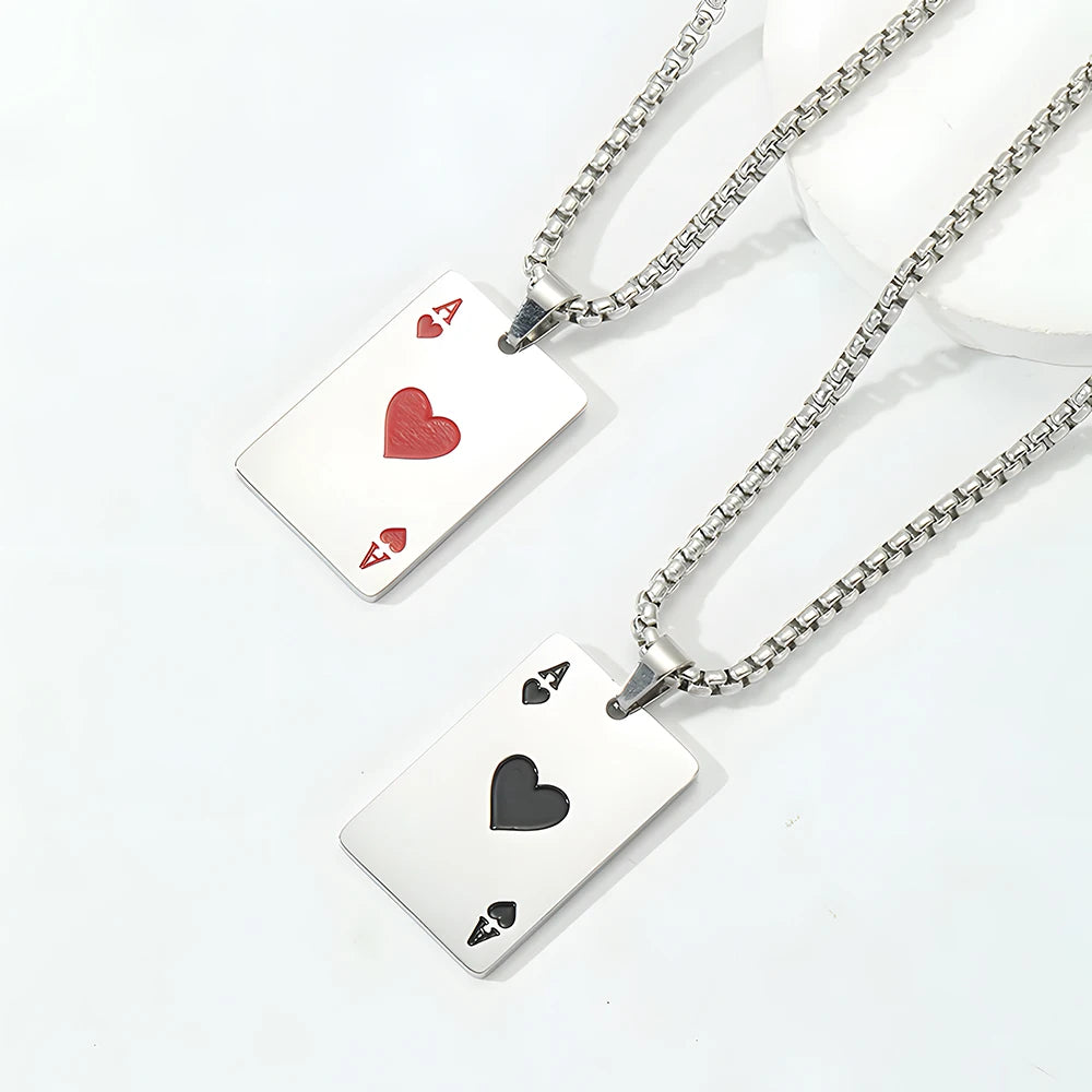 Stainless Steel Poker Card Ace of Spades Necklace Pendant Chain Playing Cards Jewelry Ace of Hearts Necklaces