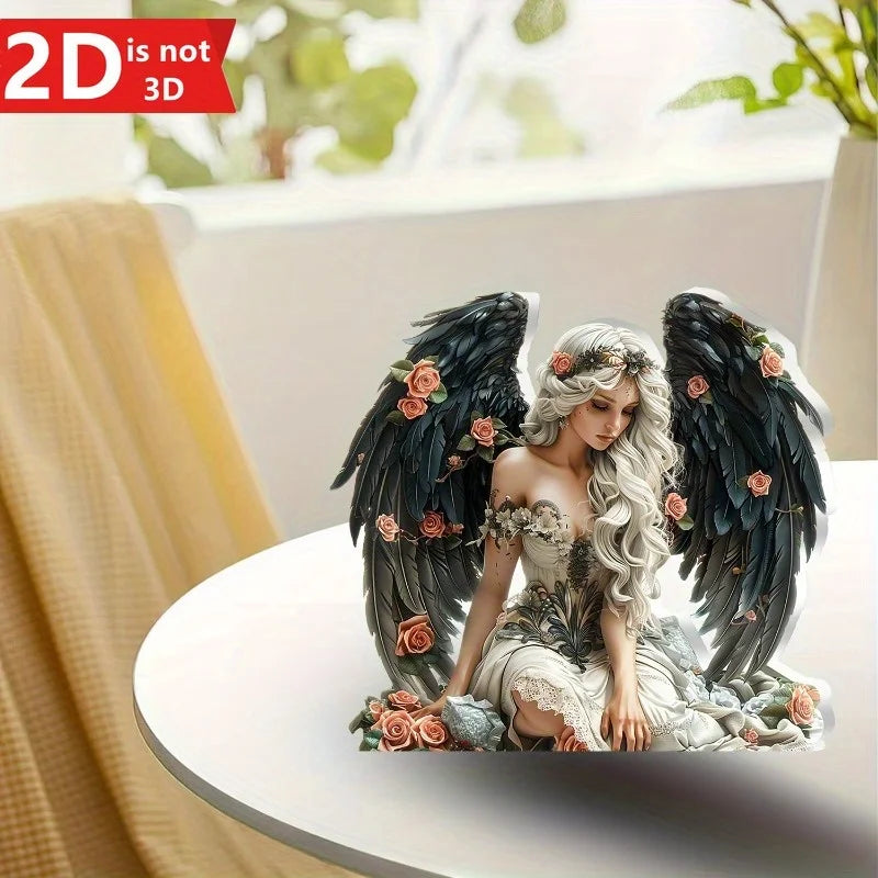1 piece of 2D elegant angel with big black wings and roses, desktop decor, perfect for home, office desk or cafe, unique gift
