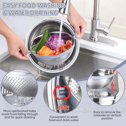 4-1 Colander with Bowl Set, Rotatable Colander for Kitchen, Stainless Steel Food Strainers and Colanders Mixing Bowl with Grate