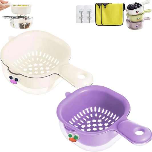 Kitchen Dual-Layer Draining Basket with Handle, Upgraded Fruit Vegetable Washing Bowl with Strainer Container, Multipurpose Port