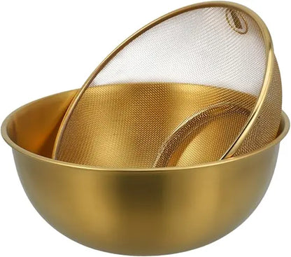1 Set Stainless Steel Colander and Bowl Set Fine Mesh Strainer with Gold Bowl Compact Kitchen Drainage for Rinsing Fruits Veget