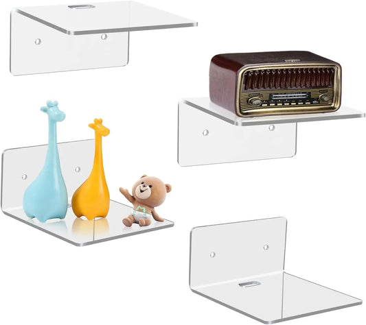 4 Pack Small Wall Shelf, 4'' Acrylic Wall Shelves Display Ledges for Storage & Decoration, Small Floating Shelf for Wall with 2
