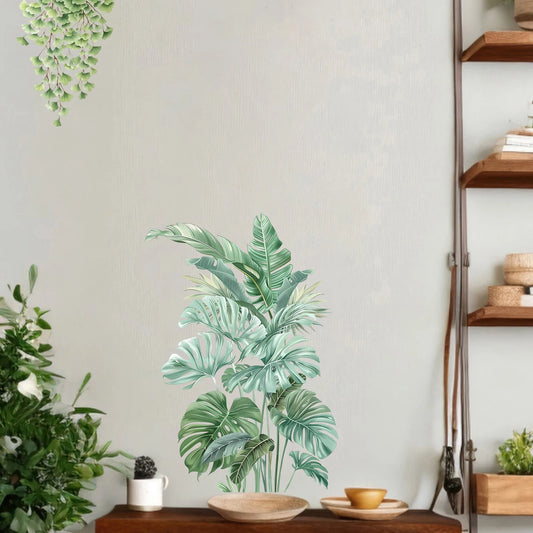 Tropical Monstera Deliciosa Leaf Wall Stickers Set of 2 Exotic Plant Decals for Living Room Bedroom Office Decor