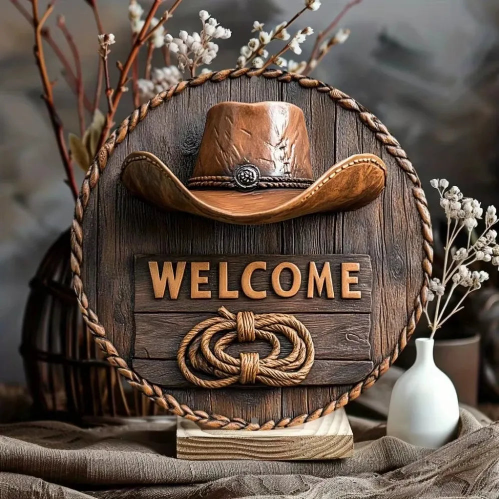 Western "Welcome" Decor with Cowboy Elements – Distressed Wood/Metal | Perfect Home Wall Art