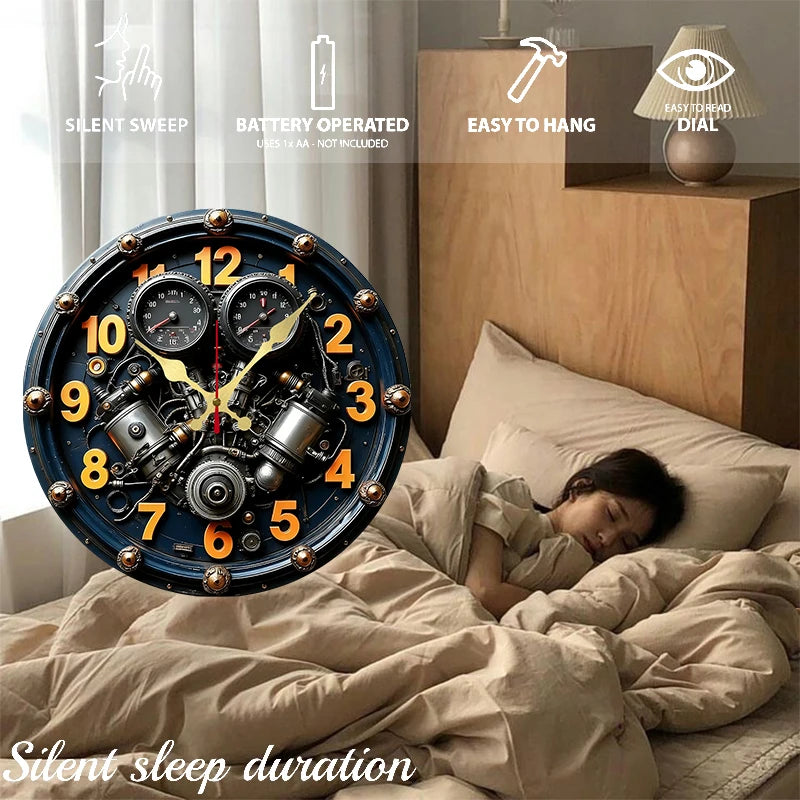 2D Flat Exquisite Engine Wooden Round Silent Hanging Wall Clock, For Living Room, Office, Study Room, Bedroom, Home Decoration.