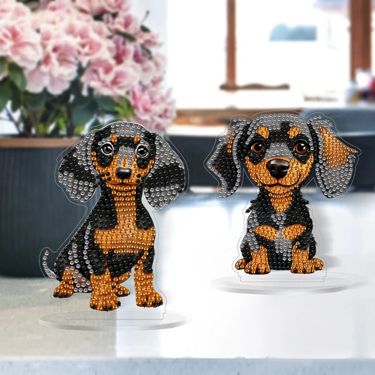 2Pcs Acrylic Special Shaped Cute Dachshund Diamond Painting Tabletop Ornaments Kit Desktop Diamond Art Kits for Table Decoration