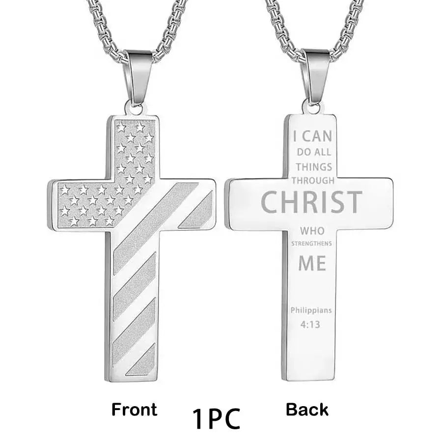 Stainless Steel USA Flag and Cross Bible Verse Necklace