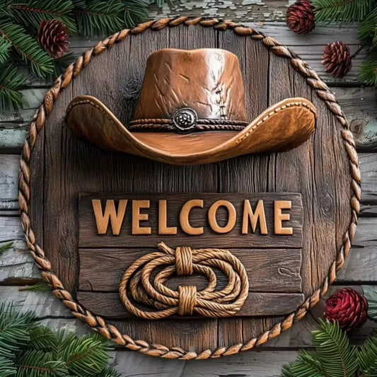 Western "Welcome" Decor with Cowboy Elements – Distressed Wood/Metal | Perfect Home Wall Art