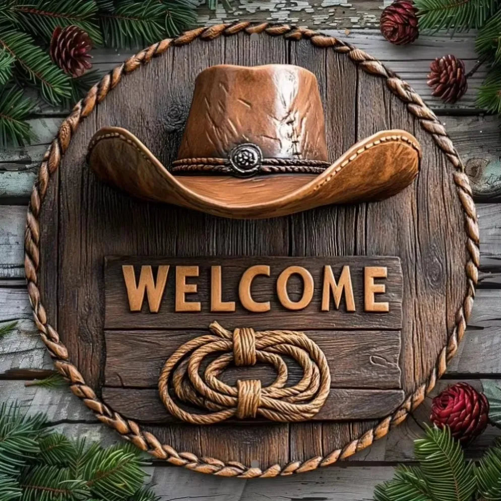 Western "Welcome" Decor with Cowboy Elements – Distressed Wood/Metal | Perfect Home Wall Art
