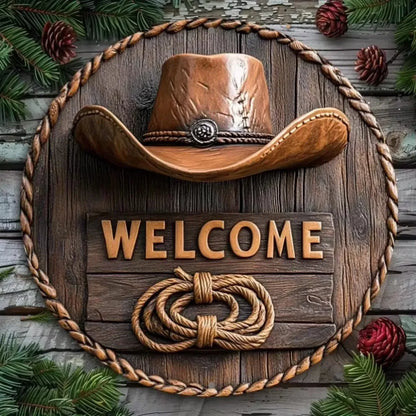 Western "Welcome" Decor with Cowboy Elements – Distressed Wood/Metal | Perfect Home Wall Art