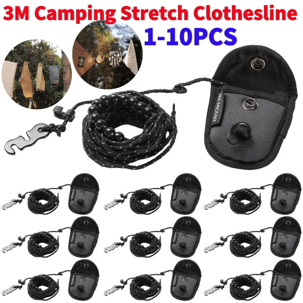 1-10Pcs Outdoor Camping Stretch Clothesline w/ 12 Clips 3M Windproof Elastic Hanging Laundry Clothes Line For Hotel Trip Cruise