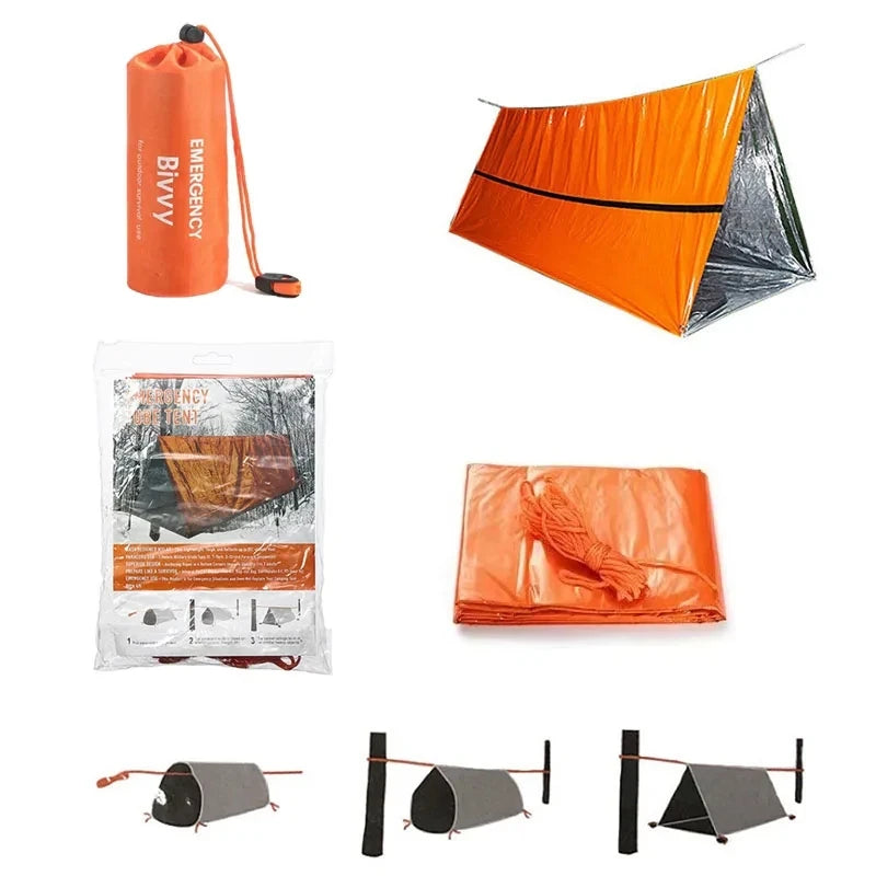 2 Person Emergency Shelter Survival Tent Kit Mylar Tube Tent Sleeping Bag Waterproof Outdoor SOS Thermal Blanket Reusable