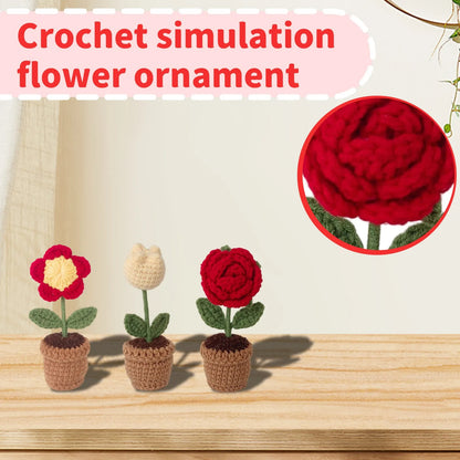 New Hand Knitting Potted Plants Handwoven Rose Sunflower Tulip Crochet Flower Bouquet Potted Ornament Table Home Room Decoration