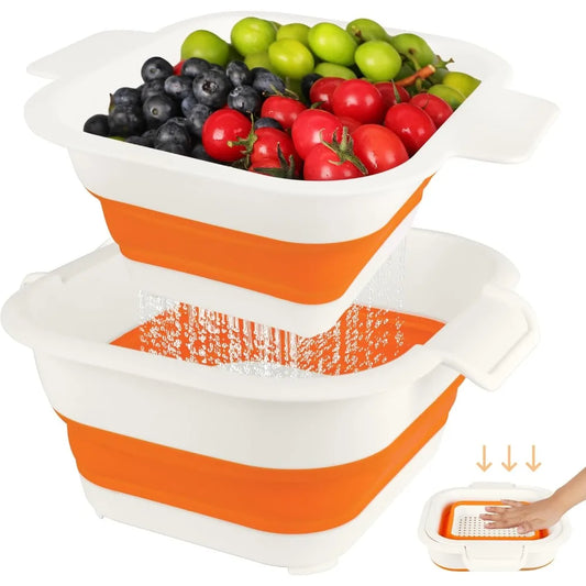 Collapsible Colander Set with Strainer Bowl, 2 in 1 Fruit Washing Basket with Strainer, 5 + 3 QT Plastic Colander for Kitchen, F