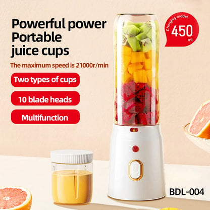 Portable USB Rechargeable Juicer with Dual Cups Compact Lightweight for Fresh Juice on-the-go Perfect for Travel and Gym