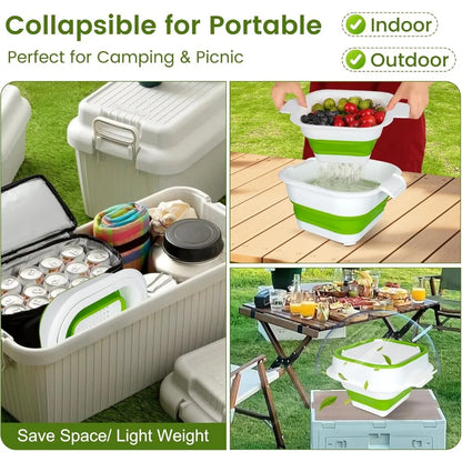 Collapsible Colander Set with Strainer Bowl, 2 in 1 Fruit Washing Basket with Strainer, 5 + 3 QT Plastic Colanders for Kitchen,