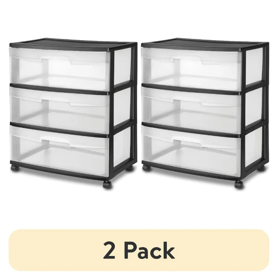 (2 pack) Sterilite Storage Drawer, 3 Drawer Wide Plastic Storage Cart with Clear Pull Out Drawers, Black