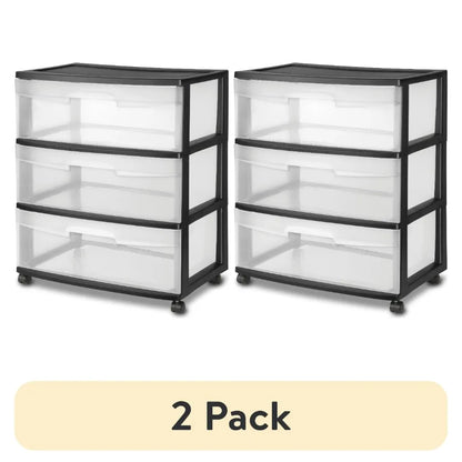 (2 pack) Sterilite Storage Drawer, 3 Drawer Wide Plastic Storage Cart with Clear Pull Out Drawers, Black