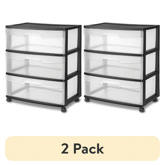 (2 pack) Sterilite Storage Drawer, 3 Drawer Wide Plastic Storage Cart with Clear Pull Out Drawers, Black
