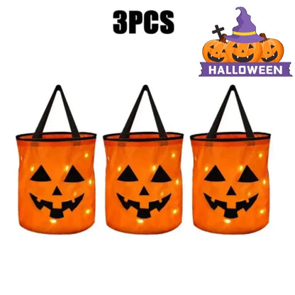 Trick-or-Treat Props Glowing LED Handheld Candy Bag Light Up Pumpkin Candy Bag for Halloween Night Supplies Party Decor