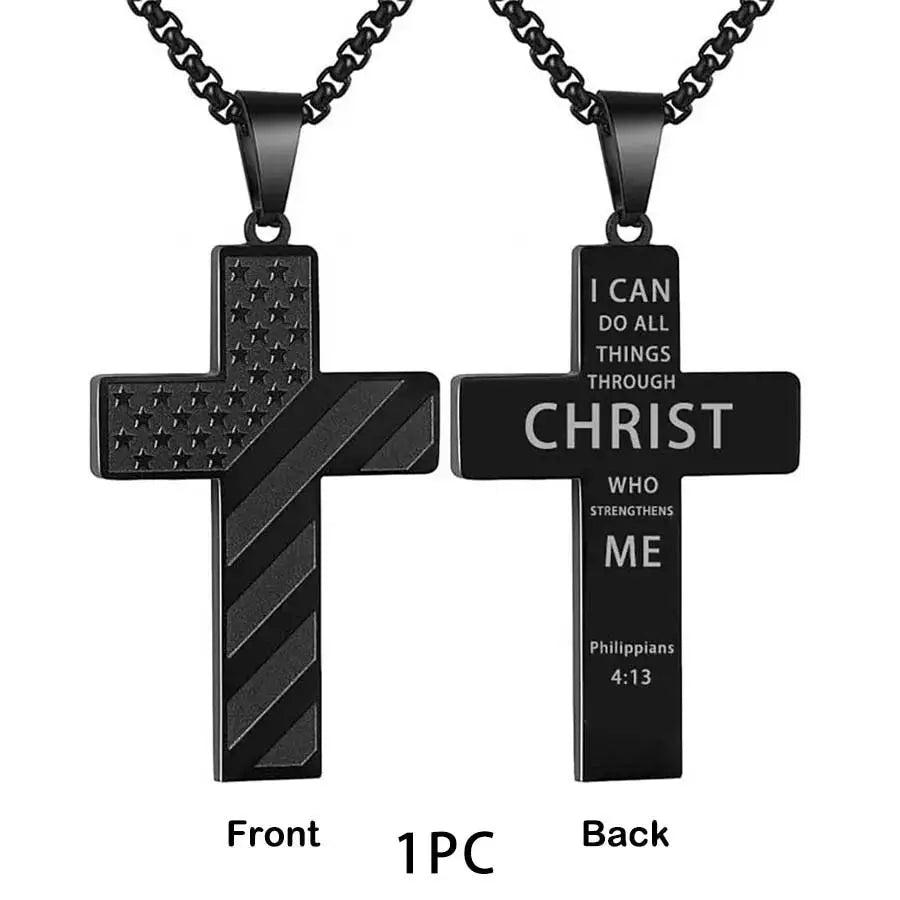 Stainless Steel USA Flag and Cross Bible Verse Necklace
