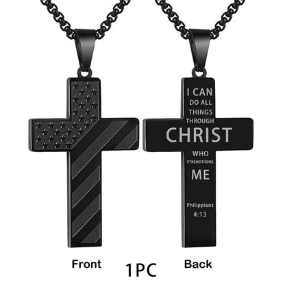 Stainless Steel USA Flag and Cross Bible Verse Necklace